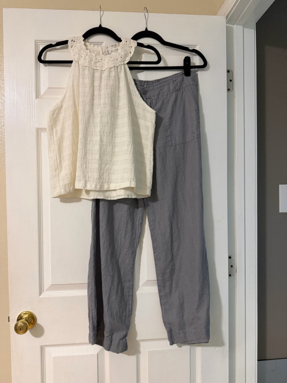 Women's Cream Crochet Halter Top with Gray Relaxed Pants